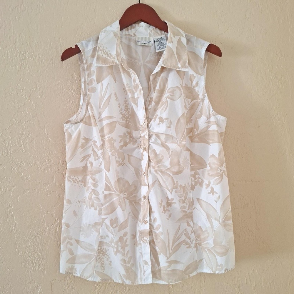 White Stag Blouse Woman 1X 16W Tan White Floral Sleeveless Button Up Excellent